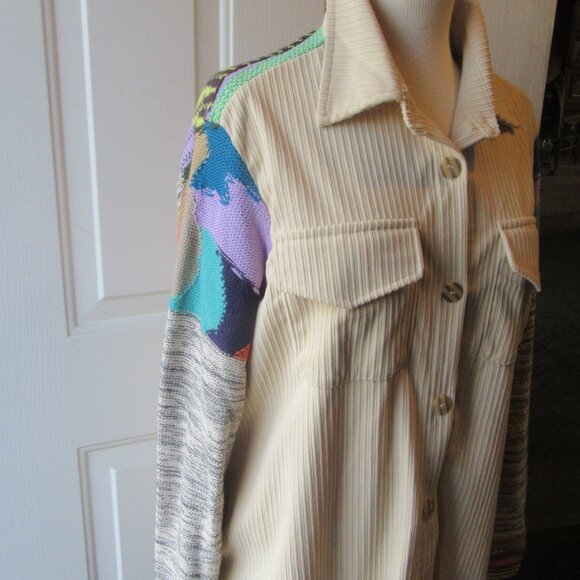 A. Peach Size Small Yellow Tan Corduroy and Multi Colored Sweater Shacket - Picture 2 of 14